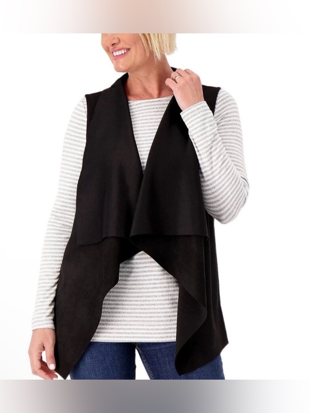 Attitudes by Renee Faux Suede and Luxe Ponte Draped Open-Front Vest